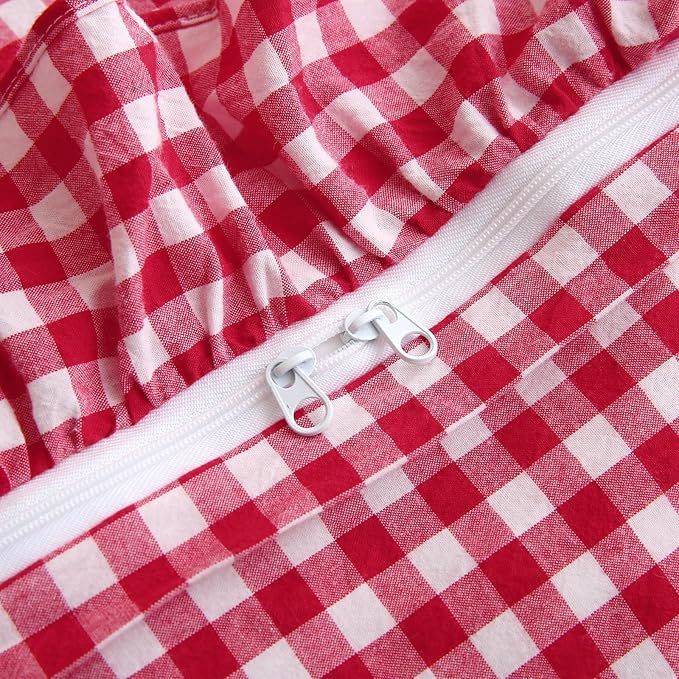 Silnuo Red/White Checkered Ruffle 3-Piece Duvet Cover Set Full Size, Washed - Image 6