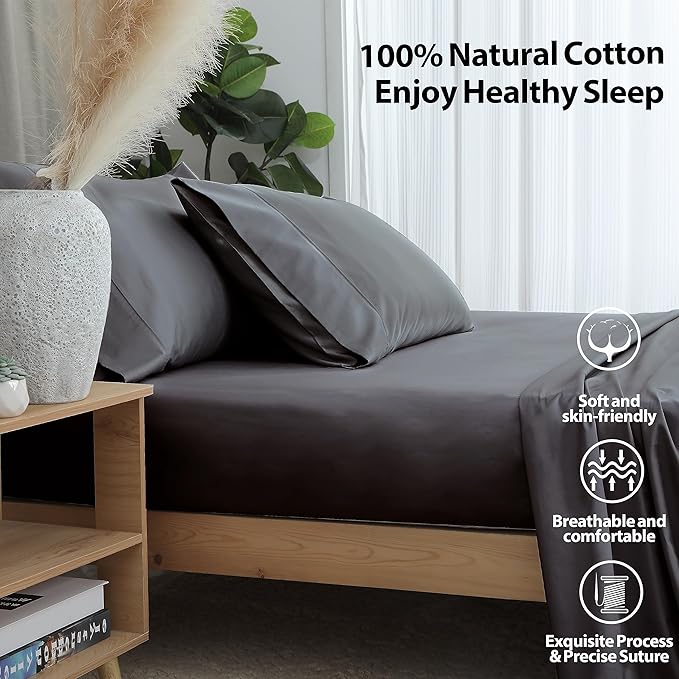 Twin XL Size Fitted Sheet Only Dark Grey, 100% Egyptian Cotton 600 Thread Count - Image 2