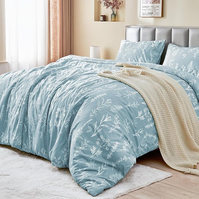 MUXHOMO Duvet Cover Queen Size, Reversible Floral Mineral Blue Duvet Cover Set - Image 3