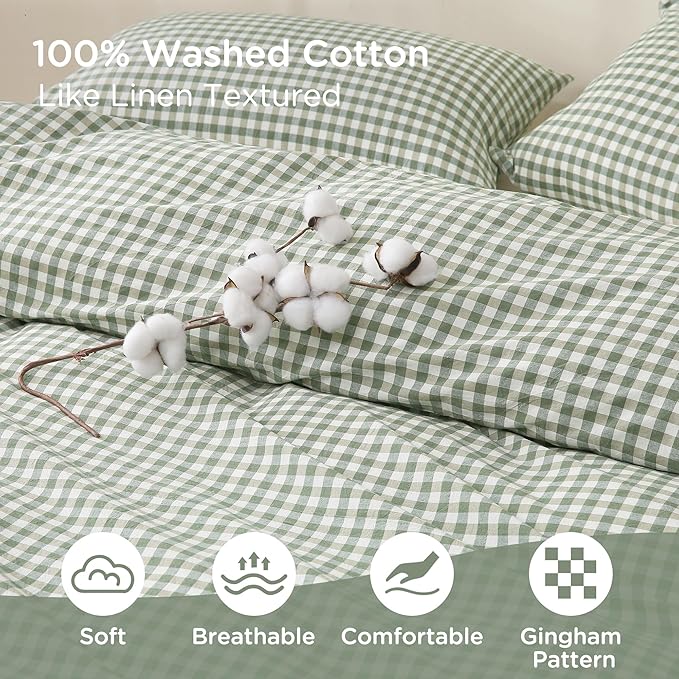 TOCOMOA Green Gingham Duvet Cover Bedding Set 100% Washed Cotton Like Linen - Image 5