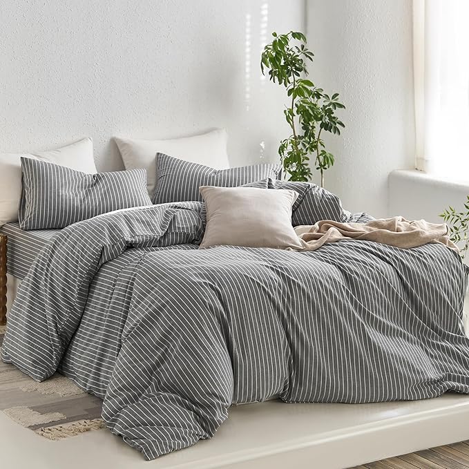 MooMee Striped Duvet Cover Set 100% Washed Cotton Linen Like Textured - Image 3