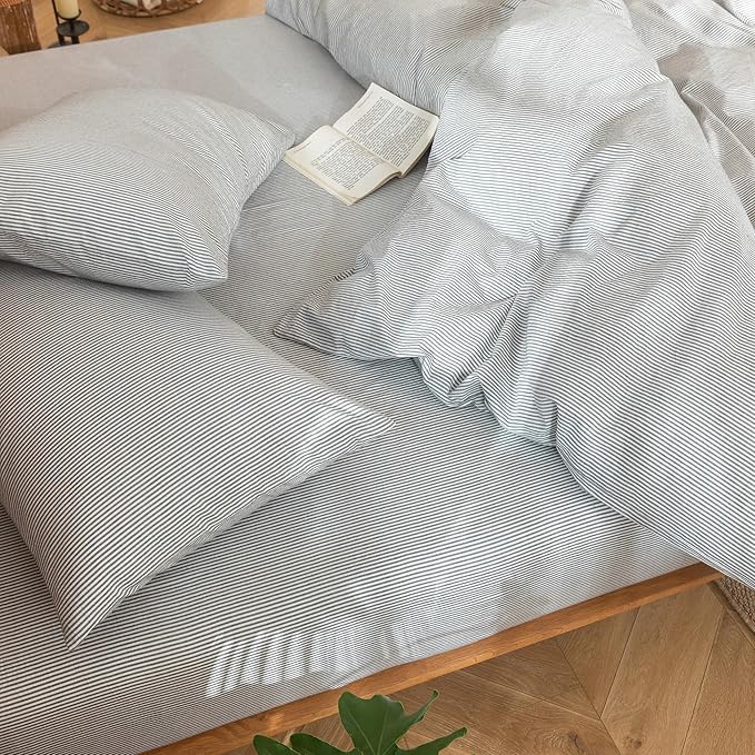 MooMee Striped Duvet Cover Set 100% Washed Cotton Linen Like Textured - Image 5