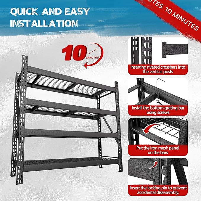 Yardenaler 8000LBS 78 "W x 24 "D x 72 "H Garage Shelving, 4-Tier Industrial Iron Shelving Unit Garage Storage Rack for Basement Warehouse, Black