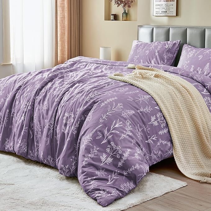 MUXHOMO Duvet Cover King Size, Reversible Floral Grayish Purple Duvet Cover Set - Image 3