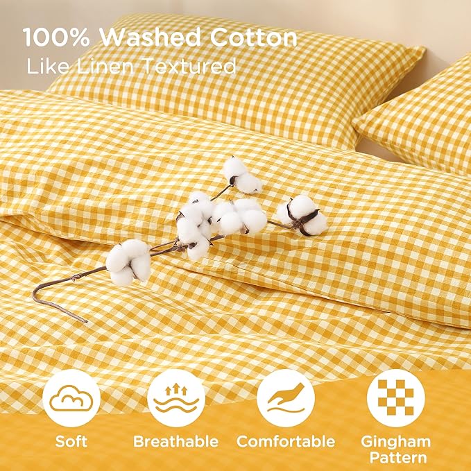 TOCOMOA Yellow Gingham Duvet Cover Bedding Set 100% Washed Cotton Like Linen - Image 5