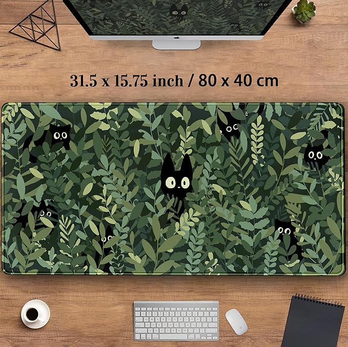 Cute Anime Cats Desk Mat Green Leaves Kawaii Mousepad XXL Extended Large Gaming Mouse Pad Cat, Aesthetic Extended Laptop Keyboard Mat Desk Pad for Women Office Gamer Girl Decor 31.5x15.75 in