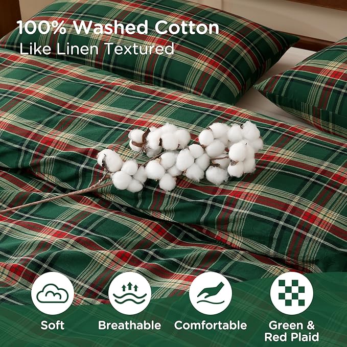 TOCOMOA Christmas Plaid Duvet Cover Set 100% Washed Cotton Like Linen Feel - Image 5