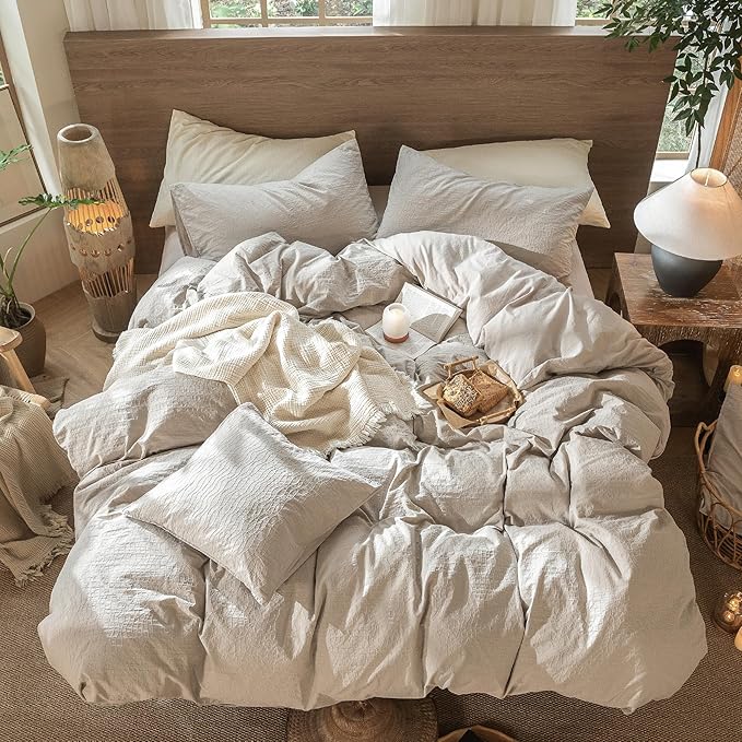 MooMee Wavy Striped Duvet Cover Set 100% Washed Cotton Linen Like Textured - Image 6