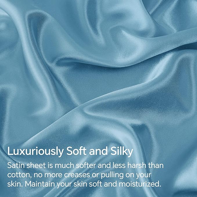 BEDELITE Satin Sheets Full Size Bed Set, Luxury Soft Airy Blue Silky Sheets - Image 3