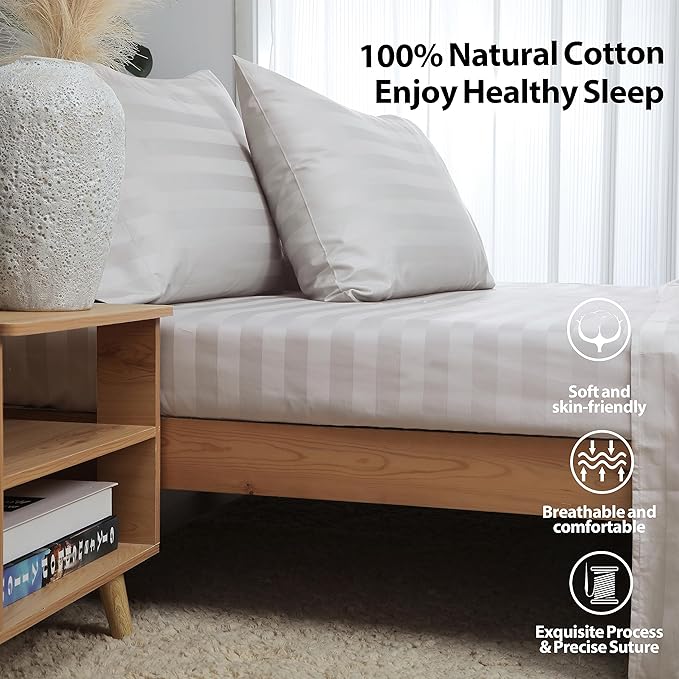 Twin Size Striped Fitted Sheet Only Light Beige Color, 100% Egyptian Cotton 600 - Image 3