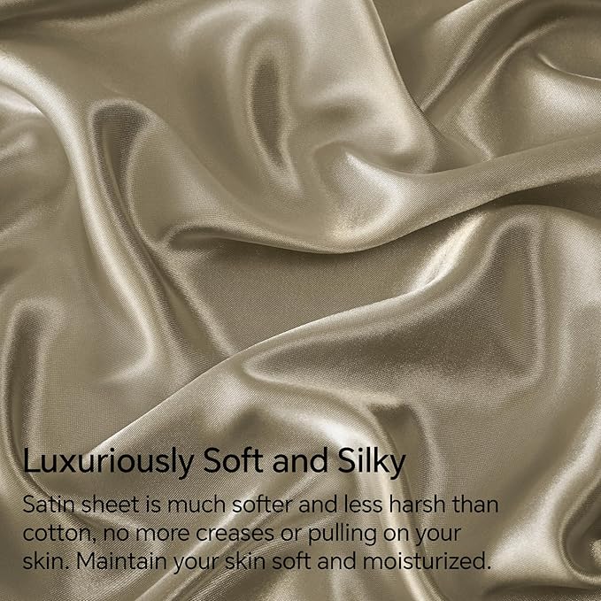BEDELITE Satin Sheets Twin XL Size Bed Set, Luxury Soft Taupe Silky Sheets - Image 3