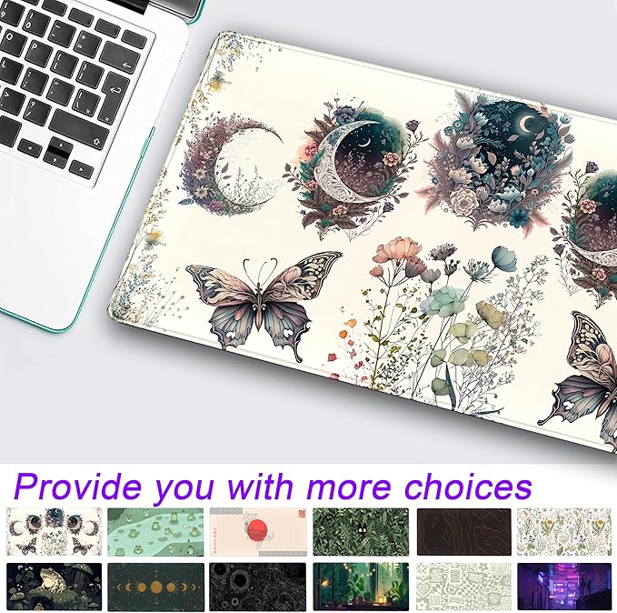 Beige Flowers Desk Mat Mousepad Cute Boho Plants Large Extended Gaming Mouse Pad XXL 31.5x15.75 in, Aesthetics Floar Butterfly Moon Laptop Keyboard and Mouse Mat for Women Office Gamer Girl Decor