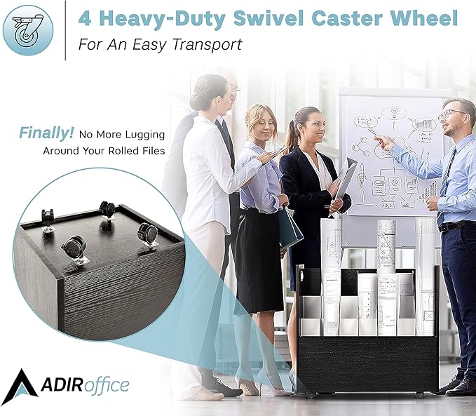 AdirOffice Adir Blue Print Storage Organizer - Mobile Roll File Cart, Construction Plan Holders, Blueprint Cabinet with Wheels, Roll Files Storage for Office and Home (21 Slots, Black)