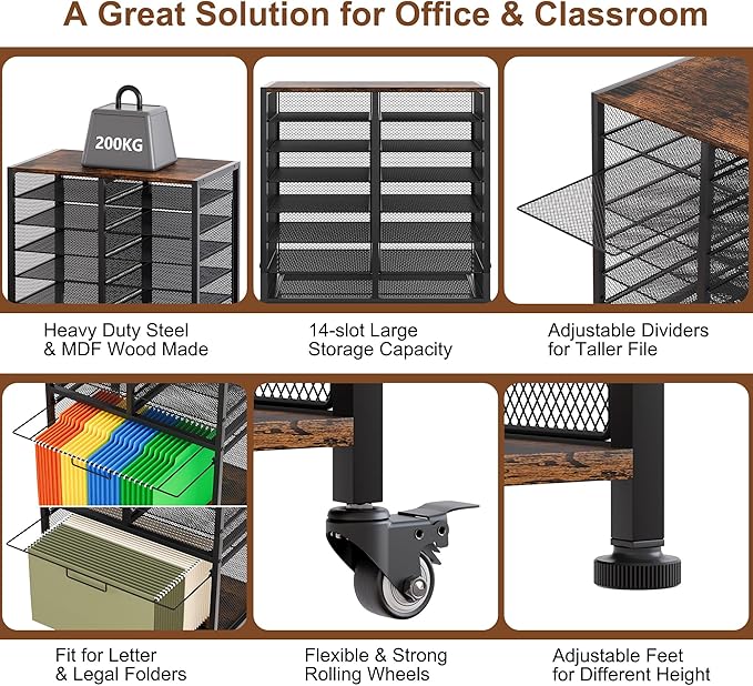 EasyPAG Rolling File Cart with 14 Slot Mail Organizer, Under Desk Storage with Hanging File Rack for Letter/Legal Folders, Mobile Filing Cabinet Printer Stand for Office Home Classroom, Black