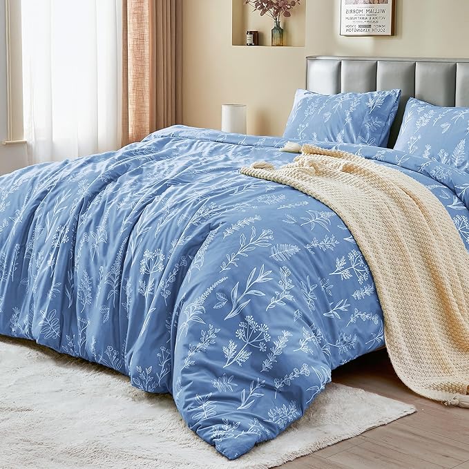 MUXHOMO Duvet Cover Queen Size, Reversible Floral Ice Blue Duvet Cover Set - Image 3