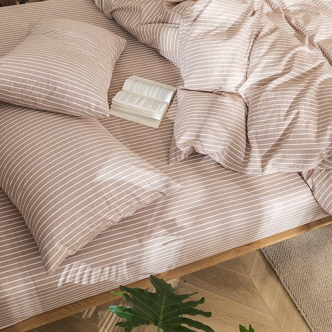 MooMee Striped Duvet Cover Set 100% Washed Cotton Linen Like Textured - Image 8