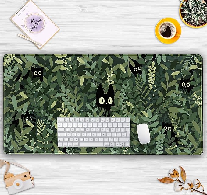 Cute Anime Cats Desk Mat Green Leaves Kawaii Mousepad XXL Extended Large Gaming Mouse Pad Cat, Aesthetic Extended Laptop Keyboard Mat Desk Pad for Women Office Gamer Girl Decor 31.5x15.75 in