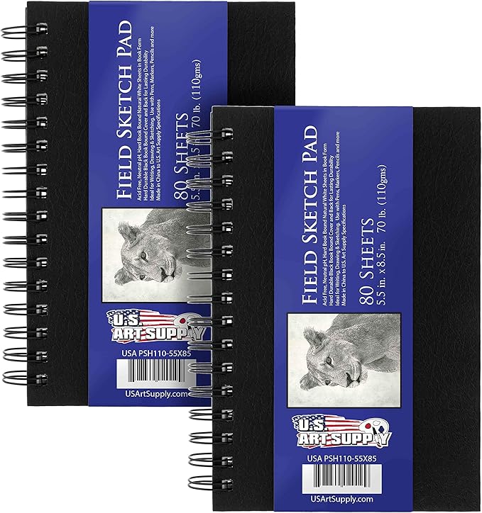 U.S. Art Supply 5.5" x 8.5" Premium Hardbound Sketch Book, 2 Pack, 80 Sheets Each, 70 lb (110gsm) - Hardcover Spiral Bound Artist Field, Small Sketch Pad, Acid-Free Drawing Pad - Adults, Students