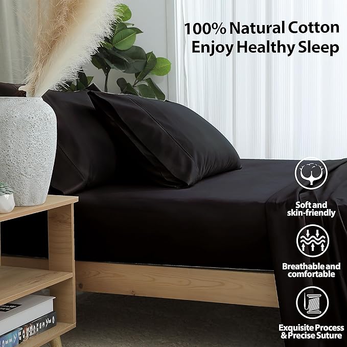 Twin XL Size Fitted Sheet Only Black, 100% Egyptian Cotton 600 Thread Count - Image 2