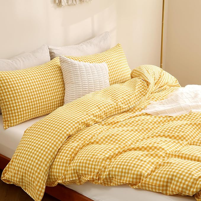 TOCOMOA Yellow Gingham Duvet Cover Bedding Set 100% Washed Cotton Like Linen - Image 4