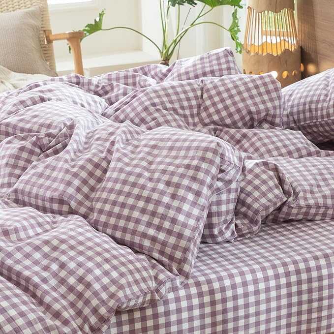 MooMee Gingham Duvet Cover Set 100% Washed Cotton Linen Like Textured - Image 9