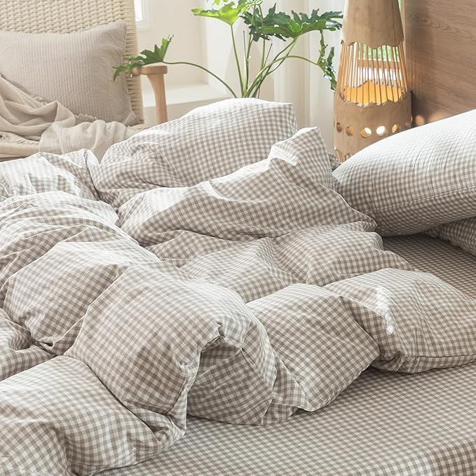 MooMee Gingham Duvet Cover Set 100% Washed Cotton Linen Like Textured - Image 9