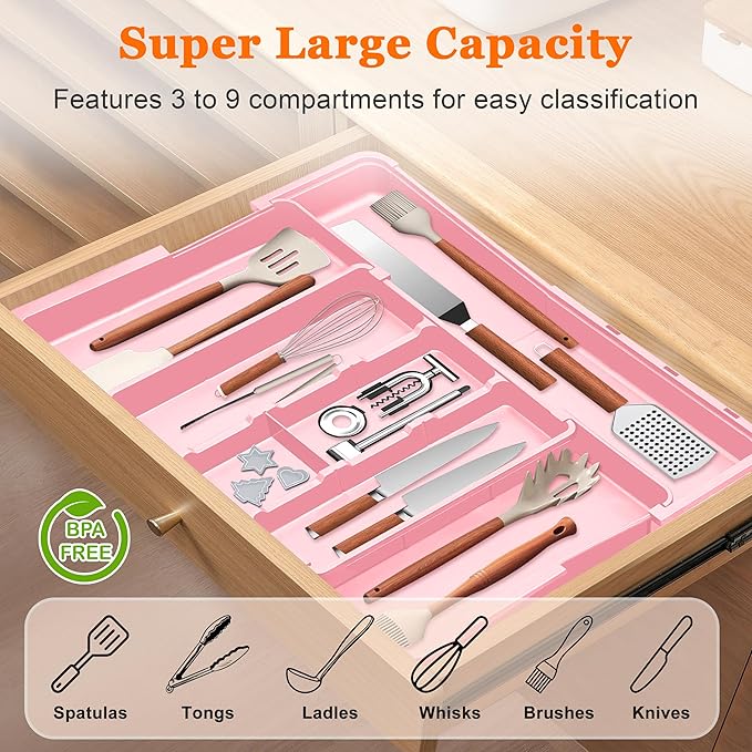 Spaclear Large Utensil Drawer Organizer Expandable Silverware Organizer for Kitchen Drawer Adjustable Cooking Utensil Holder Cutlery Flatware Tray Spatula Tools Gadgets Storage Dividers Plastic Pink
