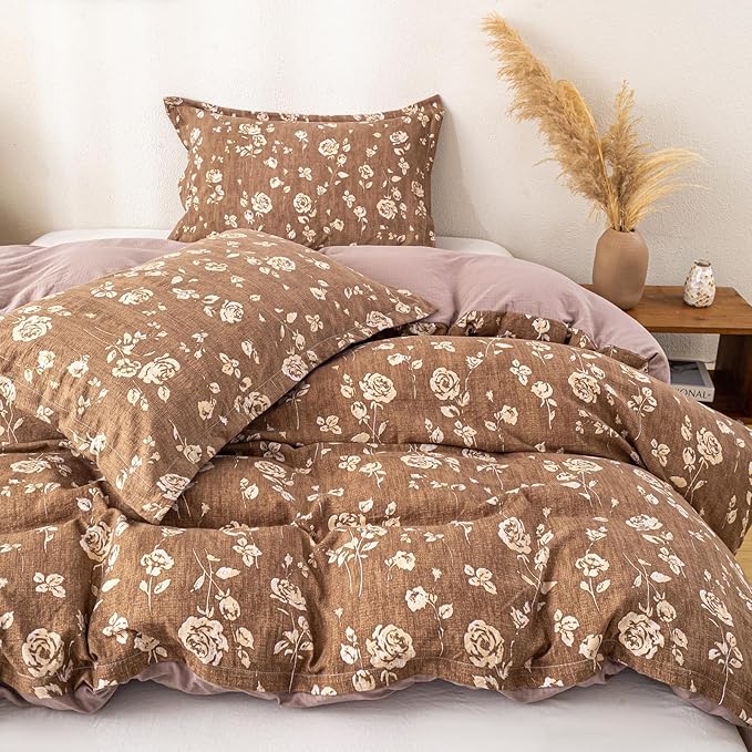 OAITE Brown Flower Twin Size Duvet Cover-3 Pieces Prewashed Cotton-Like - Image 2