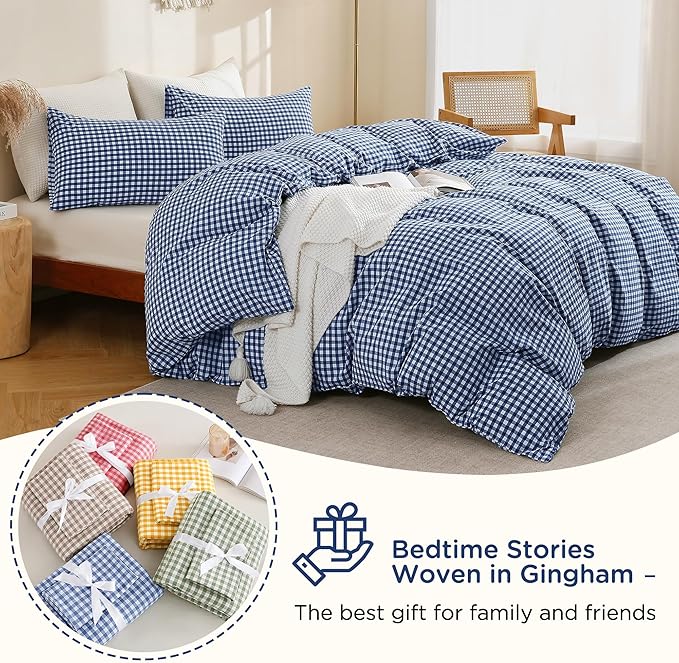 TOCOMOA Navy Blue Gingham Duvet Cover Bedding Set 100% Washed Cotton Like Linen - Image 7