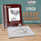 U.S. Art Supply 5.5"x8.5" Sketch Book Pad, 3 Pack (100 Sheets Each), 60lb (100gsm) Spiral Bound - Sketching, Drawing Pad, Acid-Free Paper - Sketch Pads for Adults, Students: Colored Pencils, Charcoal