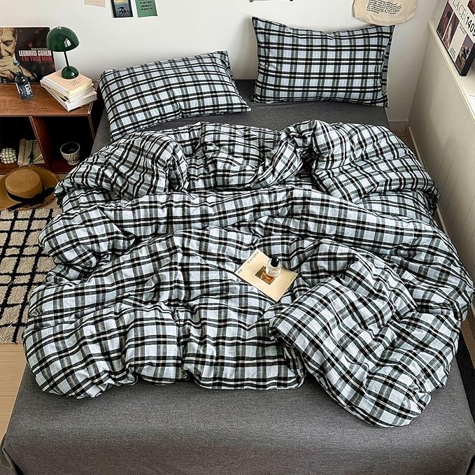 mixinni Vintage Grey & Pale Blue Buffalo Plaid Duvet Cover Set King Size - Image 2