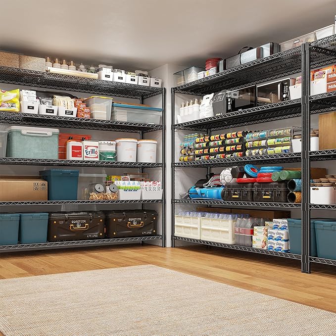 REIBII 85.7" H Storage Shelves 2998LBS Metal Shelving Unit with Wheels & Feet, 5 Tier Garage Shelving Heavy Duty Adjustable Wire Shelf for Pantry Kitchen Garage, 85.7" H X 55.5" W X 24.2" D, 2PCS