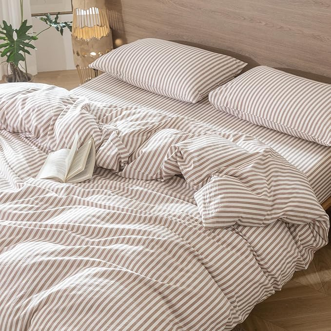 MooMee Striped Duvet Cover Set 100% Washed Cotton Linen Like Textured - Image 8