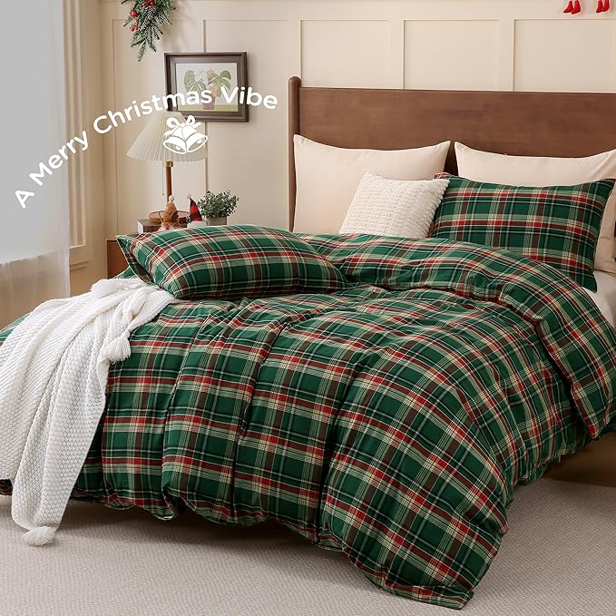 TOCOMOA Christmas Plaid Duvet Cover Set 100% Washed Cotton Like Linen Feel - Image 2