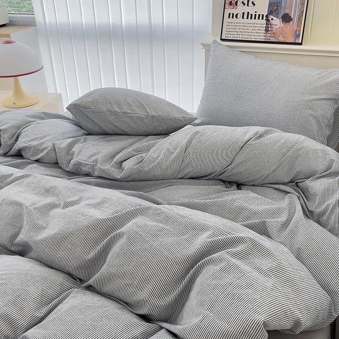 mixinni Grey Striped Duvet Cover Twin Size - Image 5