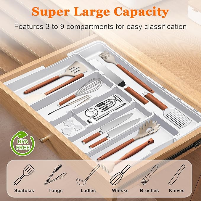 Spaclear Large Utensil Drawer Organizer Expandable Silverware Organizer for Kitchen Drawer Adjustable Cooking Utensil Holder Cutlery Flatware Tray Spatula Tools Gadgets Storage Dividers Plastic White
