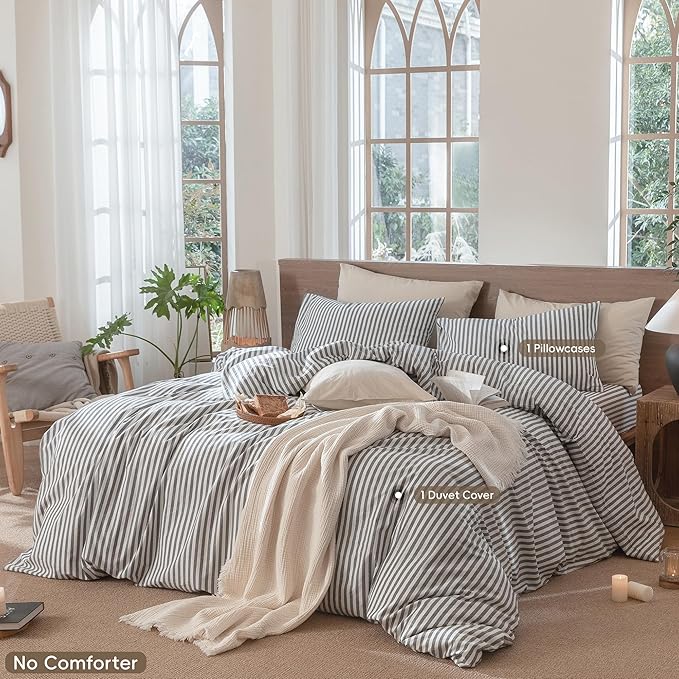 MooMee Striped Duvet Cover Set 100% Washed Cotton Linen Like Textured - Image 2