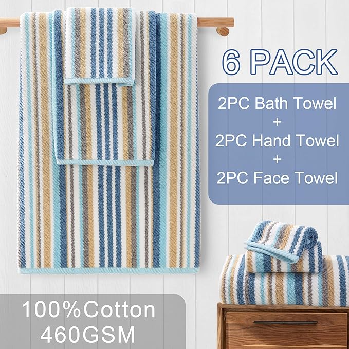 Striped Towels Set, 2 Bath 28"x52", 2 Hand 16"x27", 2 Face 13"x13", Luxury Bath - Image 3
