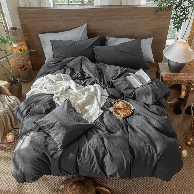 MooMee Wavy Striped Duvet Cover Set 100% Washed Cotton Linen Like Textured - Image 5