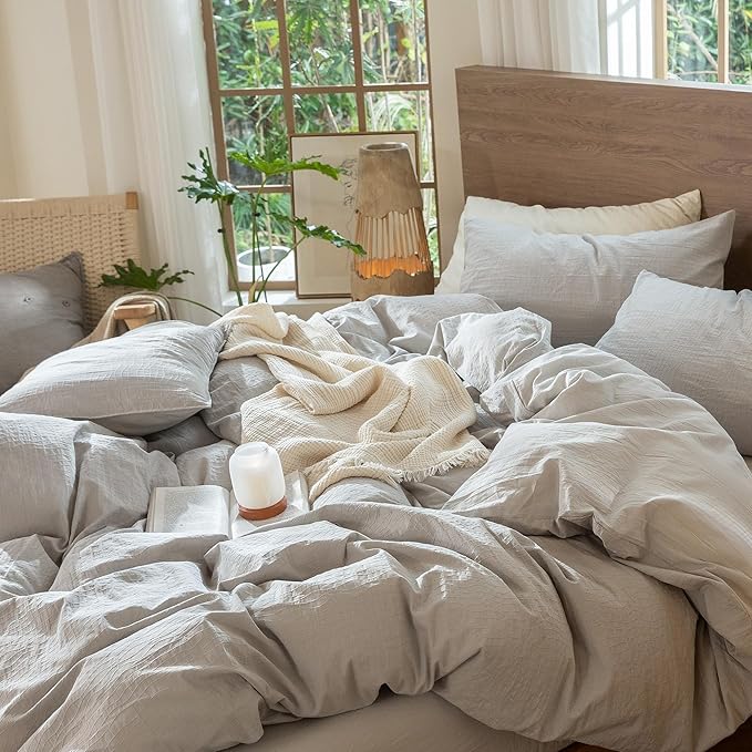 MooMee Wavy Striped Duvet Cover Set 100% Washed Cotton Linen Like Textured - Image 4