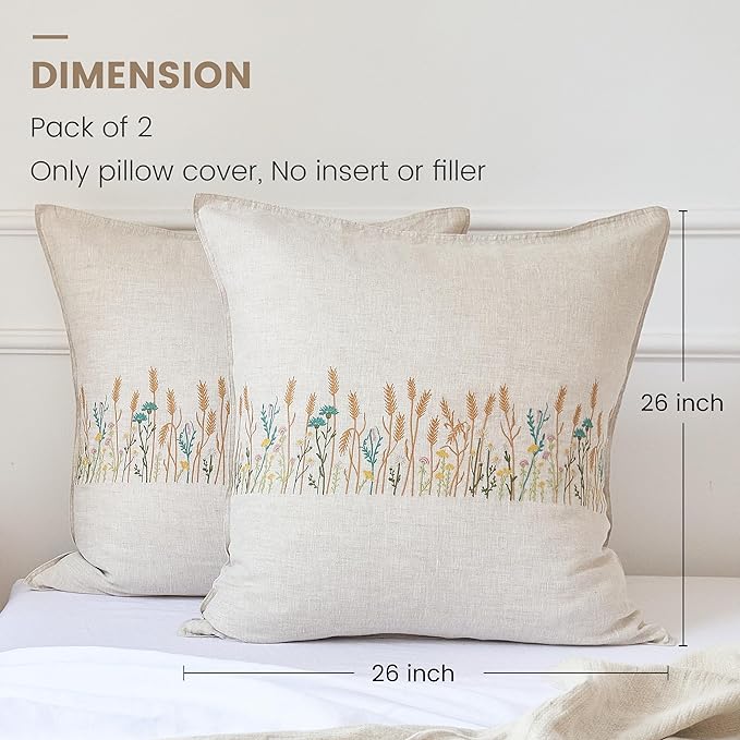 Simple&Opulence 100% Linen Euro Shams 26'' x 26'' Pack of 2, Embroidery Wheat - Image 5