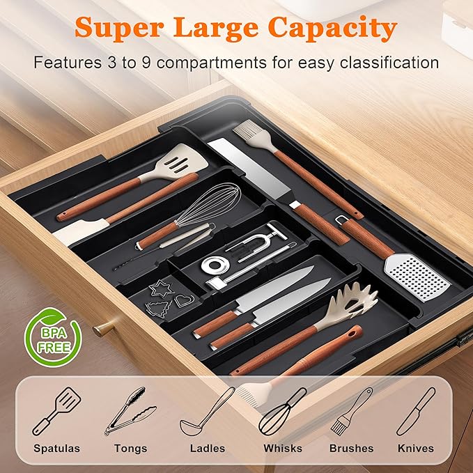 Spaclear Large Utensil Drawer Organizer Expandable Silverware Organizer for Kitchen Drawer Adjustable Cooking Utensil Holder Cutlery Flatware Tray Spatula Tools Gadgets Storage Dividers Plastic Black