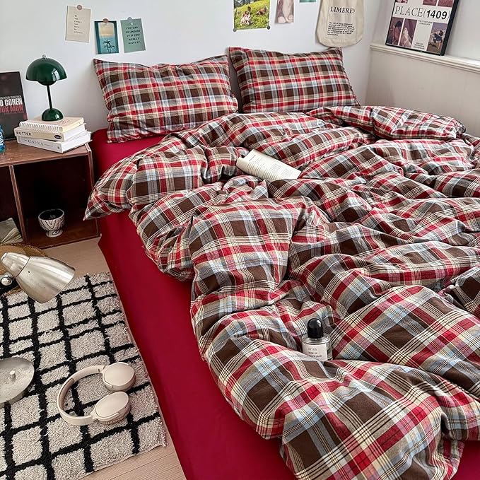 mixinni Vintage Red & Brown Buffalo Plaid Duvet Cover Set King Size - Image 5