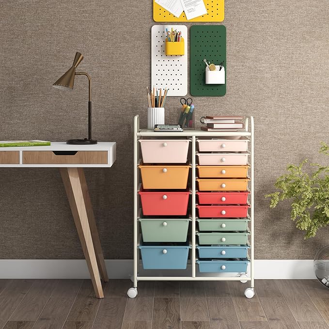 GOFLAME 15-Drawer Rolling Storage Cart, Craft Storage Cart with Removable Drawers & Lockable Wheels, Art Cart Supply Storage Organizer for Home Office Classroom, Macaron Color