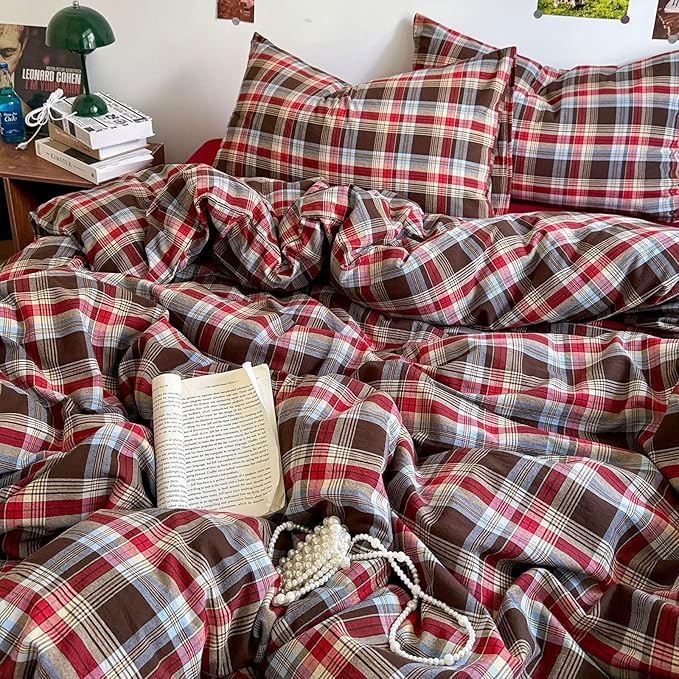 mixinni Vintage Red & Brown Buffalo Plaid Duvet Cover Set Full Size - Image 4