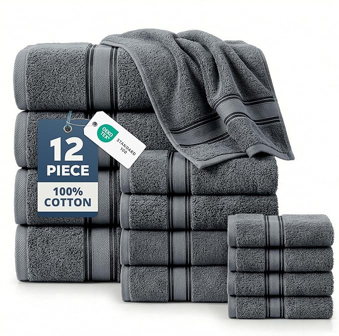 LANE LINEN Towel and Washcloths Set of 12 – 100% Cotton, Zero Twist, 4 Large by LaneLinen