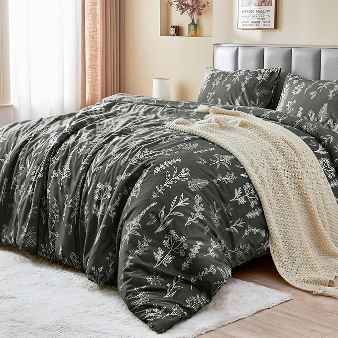 MUXHOMO Duvet Cover King Size, Reversible Floral Dark Grey Duvet Cover Set - Image 2