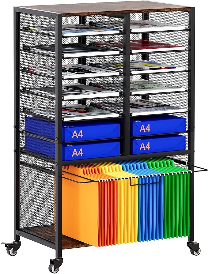 EasyPAG Rolling File Cart with 14 Slot Mail Organizer, Under Desk Storage with Hanging File Rack for Letter/Legal Folders, Mobile Filing Cabinet Printer Stand for Office Home Classroom, Black