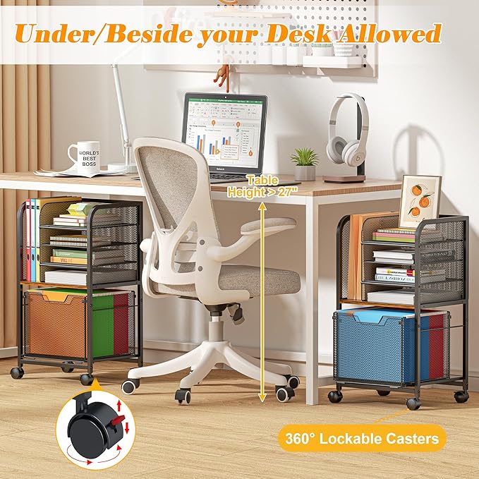 5-Tier Rolling File Cart Under Desk with Drawers, File Cabinet Organizer for Hanging File Folders, Letter-Size File Storage with Wheels, Multi-Layer Mobile Filing Cabinet for Under Desk Storage