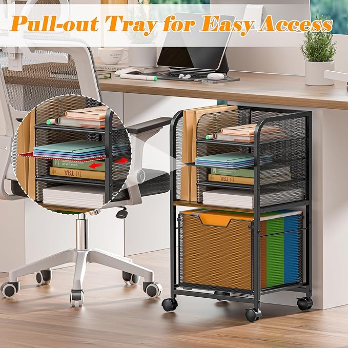 5-Tier Rolling File Cart Under Desk with Drawers, File Cabinet Organizer for Hanging File Folders, Letter-Size File Storage with Wheels, Multi-Layer Mobile Filing Cabinet for Under Desk Storage